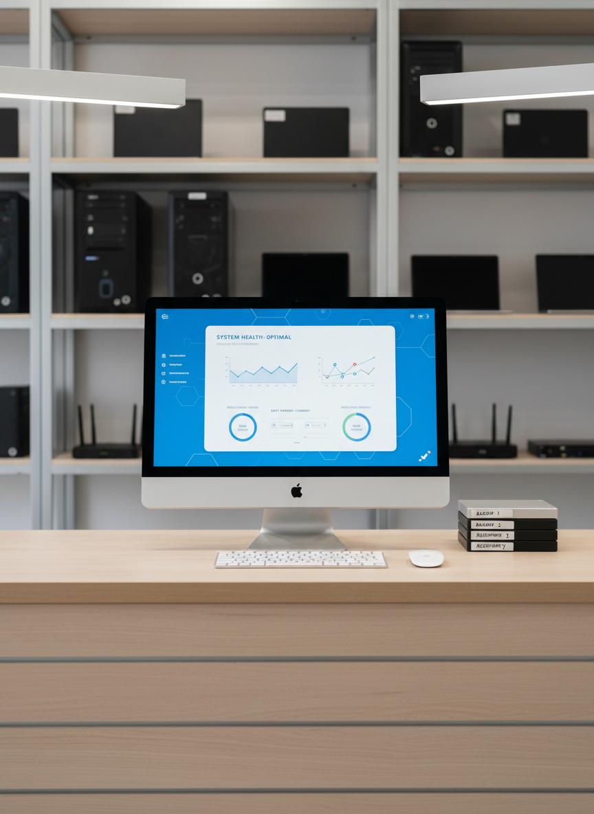 A minimalist front counter setup in a modern computer repair shop, featuring a slim, silver all-in-one desktop monitor displaying a simple diagnostic interface with clean graphs and status icons. The monitor sits on a light wood counter with a subtle grain, next to a small, neatly stacked row of labeled external drives and a compact, cable-free keyboard. Behind, shelving with neatly lined towers, laptops, and networking gear is softly out of focus. Bright but soft studio lighting from above and slightly to the side creates gentle shadows and a welcoming glow. Photographic realism with an eye-level, centered composition conveys a fast, reliable, local service environment that feels clean, organized, and professional.