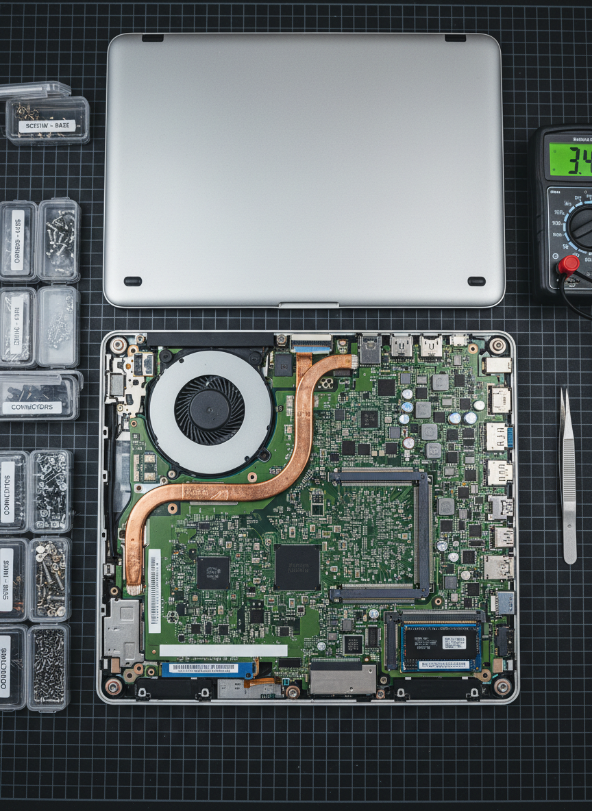 A close-up, high-resolution shot of a disassembled laptop on a dark, matte anti-static repair mat, its bottom cover removed to reveal a clean motherboard, cooling fan, and SSD. Small labeled containers hold tiny screws and components at the edge of the frame, while a digital multimeter and precision tweezers rest neatly nearby. Cool white overhead light provides even, shadow-free illumination, highlighting the crisp edges of circuit traces and metal connectors. The composition is top-down, emphasizing organization and technical expertise, with a shallow depth of field that keeps the main board in sharp focus while gently blurring the outer edges. The mood is clinical, efficient, and highly professional, in a photographic, clean and modern style.