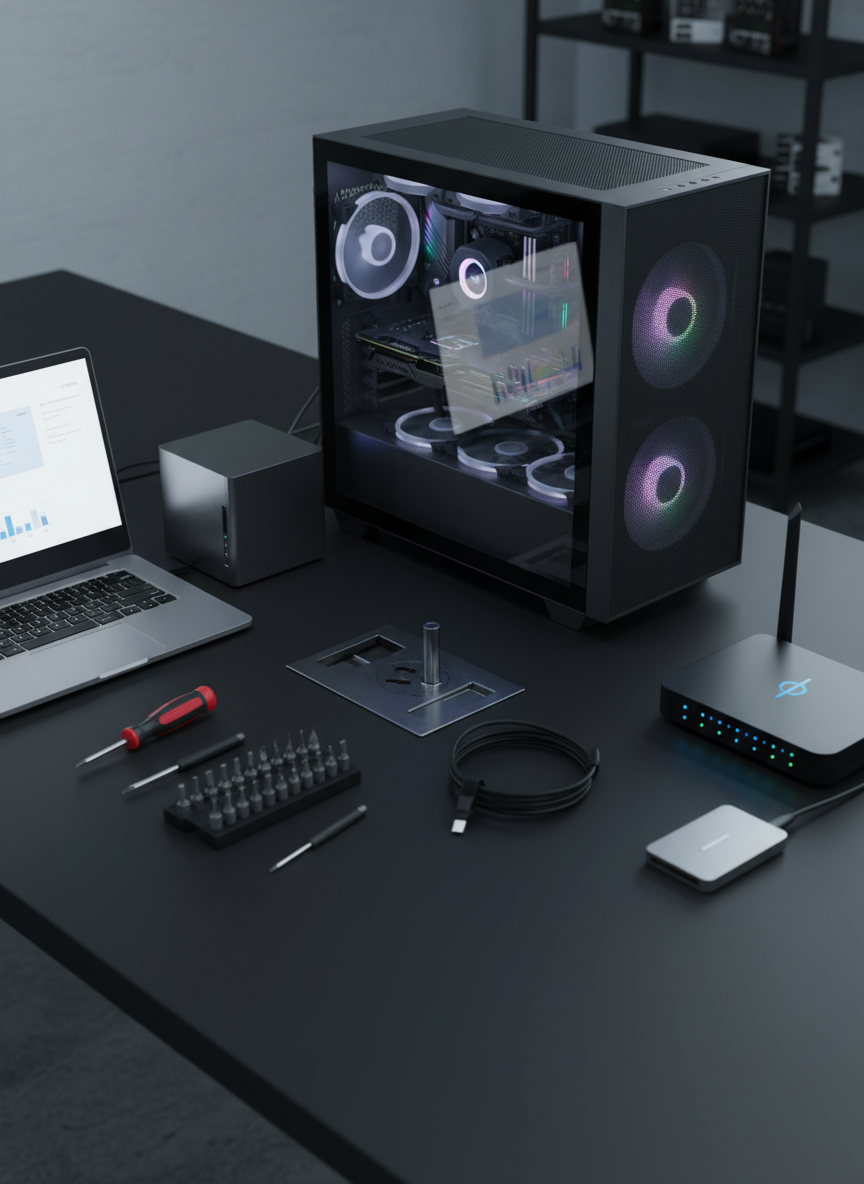 An array of different computer devices arranged purposefully on a large, matte black work surface: a gaming desktop tower with colorful but subdued internal lighting, a slim business laptop partially opened, a small form-factor office PC, and a network router with glowing status LEDs. Around them, a few carefully placed tools like a precision screwdriver set, an anti-static wrist strap, and an external backup drive hint at active repair and maintenance. Cool, even overhead lighting ensures clear visibility of all details, with subtle reflections on plastic and metal surfaces. Shot from a slightly elevated three-quarter angle with sharp focus across the entire frame, the scene feels comprehensive and professional, representing a repair shop capable of handling all types of computer systems in a realistic, clean, photographic style.